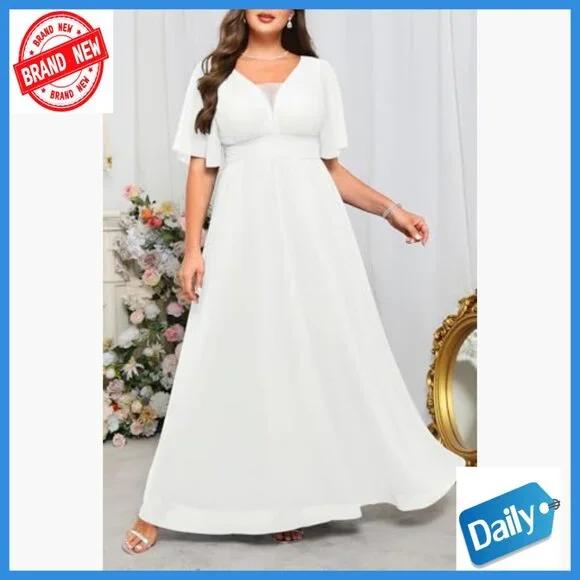 Plus Size Formal Maxi Dress V Neck Flutter Sleeves Chiffon Wedding Guest Gown
